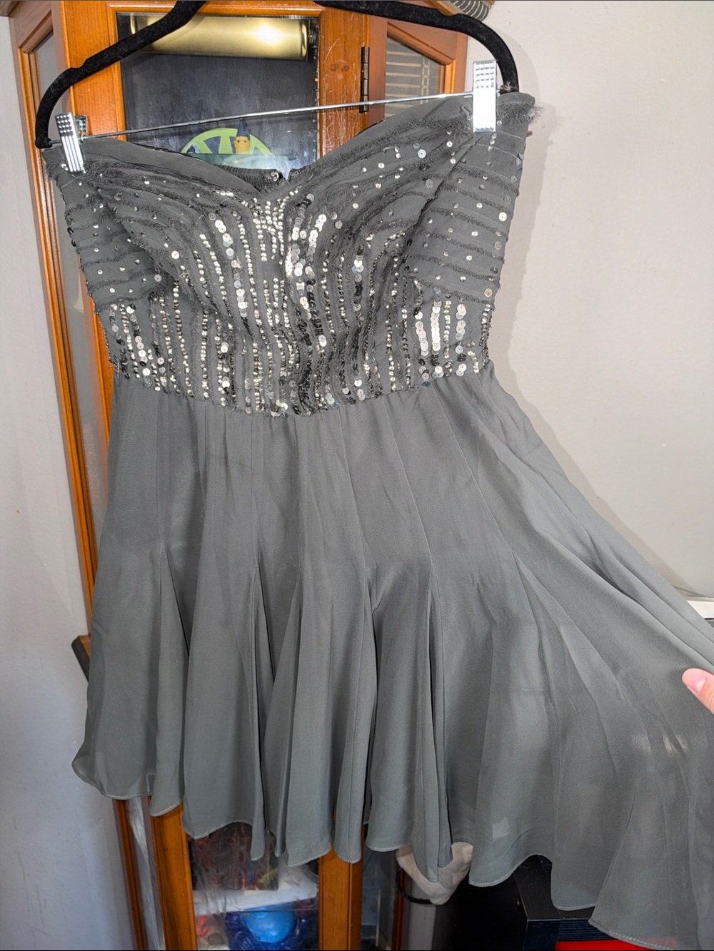 Calvin Klein Strapless Silver-Gray Sequin Chiffon Dress